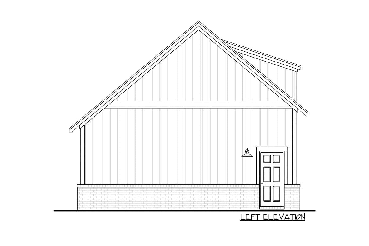 Left elevation house plan with vertical siding, brick foundation, gable roof, and paneled door with transom.