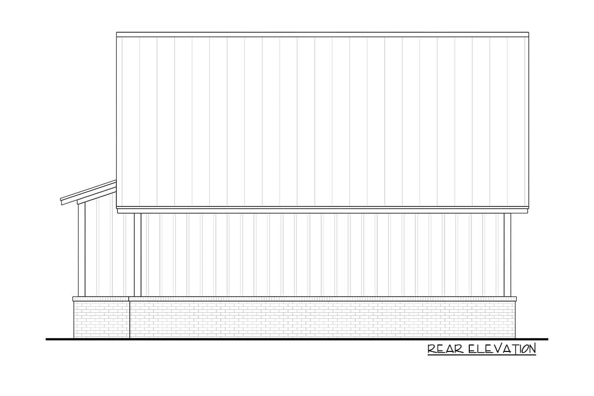 Rear elevation drawing of a house plan, showing a brick foundation, porch supports, and vertical siding.