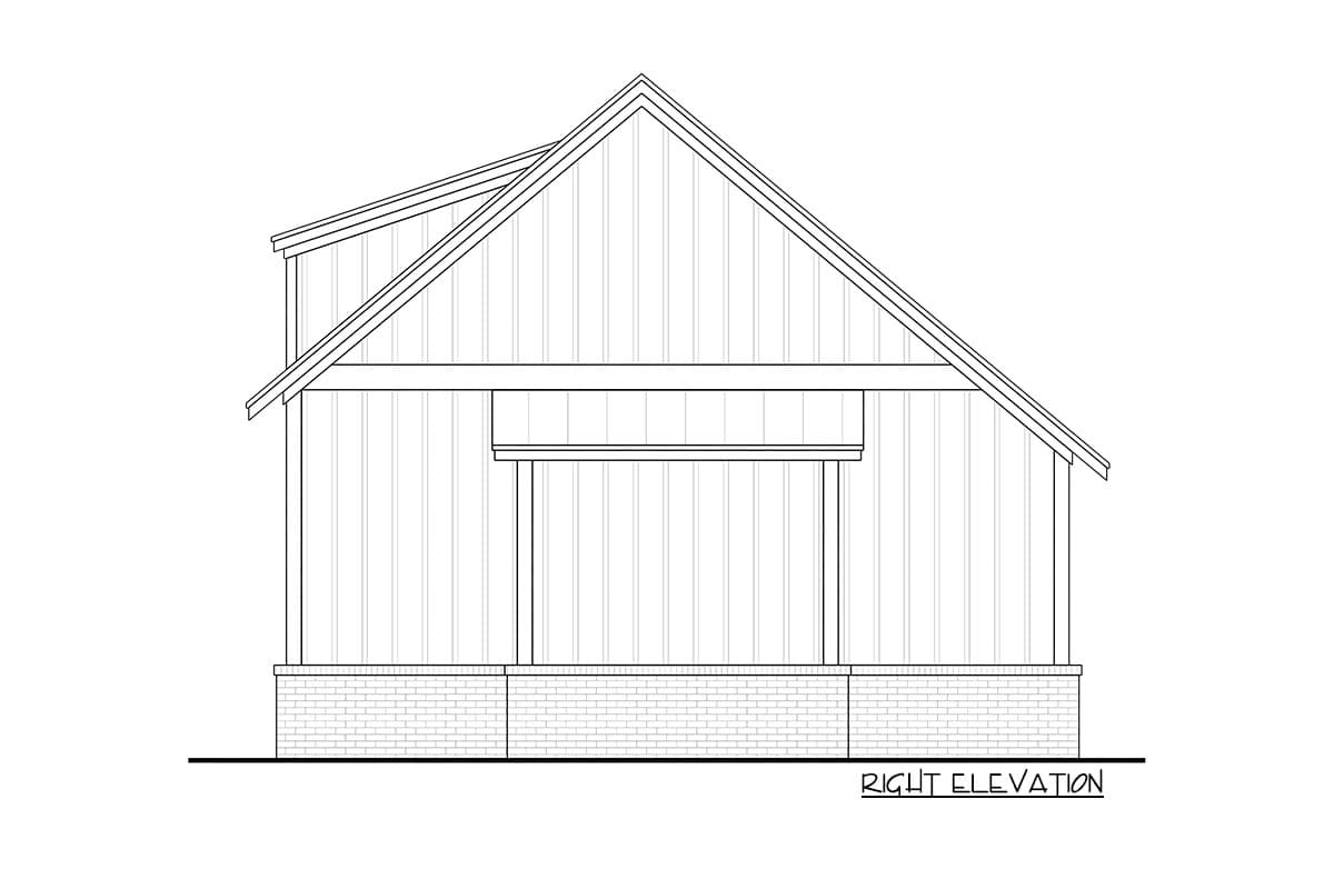 House plan right elevation drawing showing a gabled roof, vertical siding, and brick foundation.