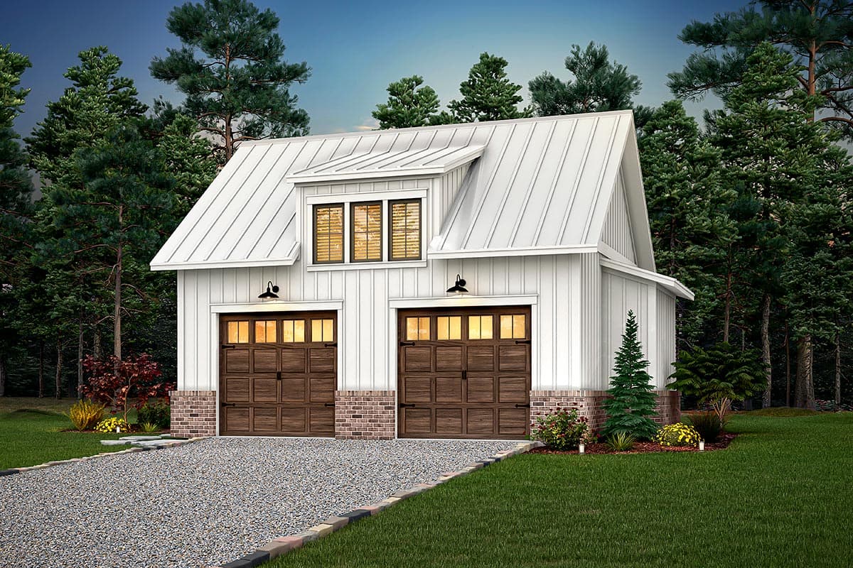 House plan exterior featuring a Modern Farmhouse style, two-car garage with wood doors, gable dormer, and vertical siding.