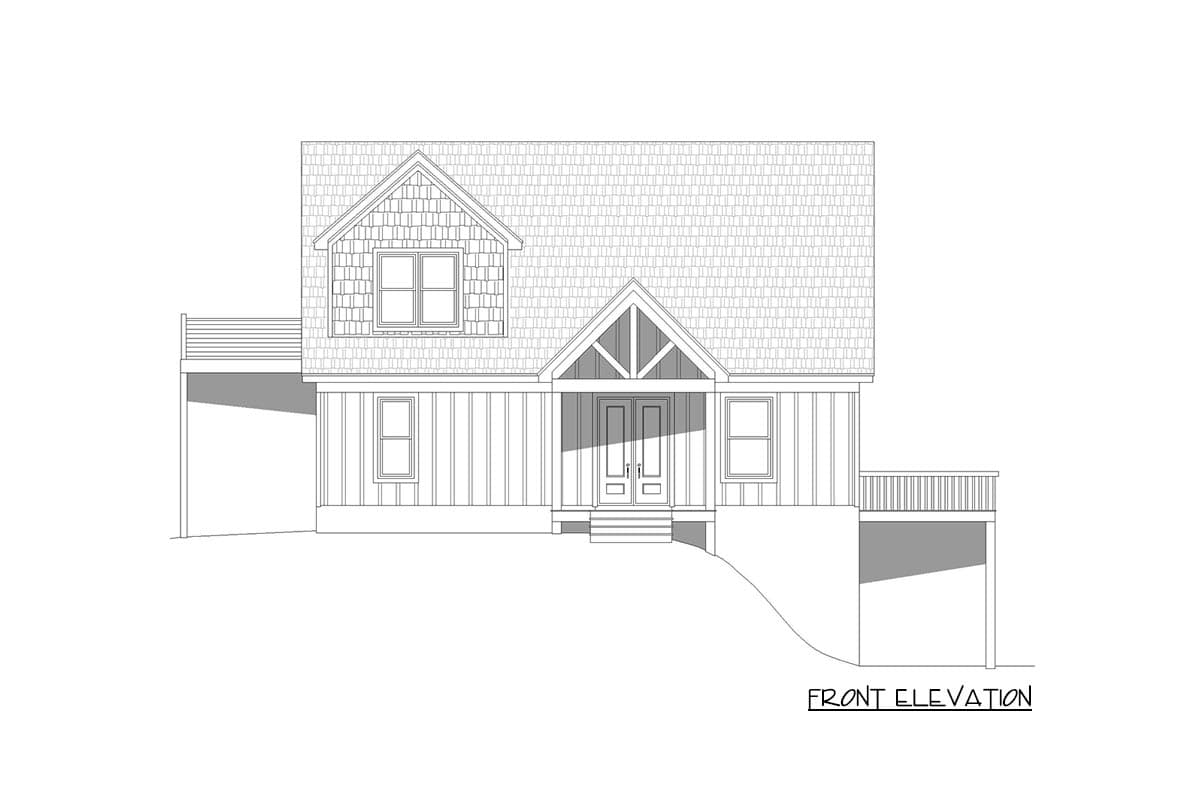 Front elevation drawing of a house plan with a gable roof, dormer, double doors, and side decks.
