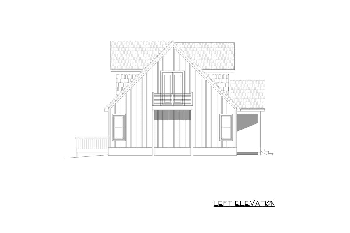 Left elevation house plan with steep gable roof, vertical siding, double doors with balcony, and shingle accents.