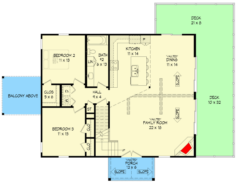Plan 68874VR: Rustic 2-Story House Plan with Upstairs Loft and Balcony - Floor Plan - Main Level - Mountain, Rustic, Vacation