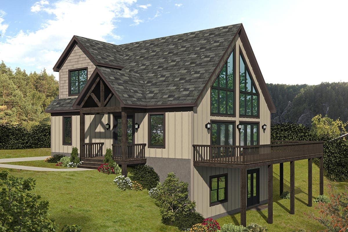 House plan exterior with Craftsman style, two stories, front porch with exposed rafters, gables, and a large window wall.