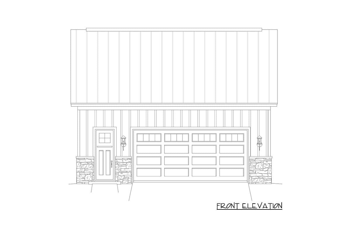 Front elevation drawing of a house plan with a single garage door, a side door, and stone accents.