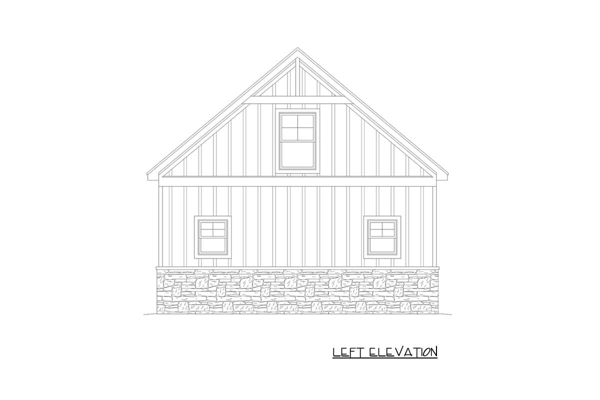 Left elevation house plan drawing featuring a stone foundation, vertical siding, and three windows.