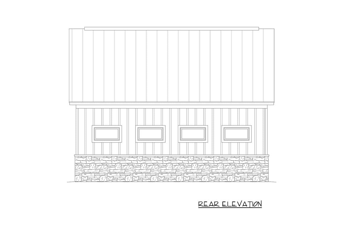 Rear elevation drawing of house with stone foundation, vertical siding, and four rectangular windows.
