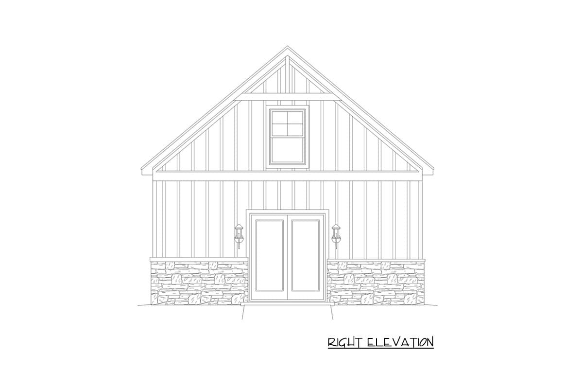Right elevation house plan drawing shows gabled roof, stone foundation, double doors, and dormer window.