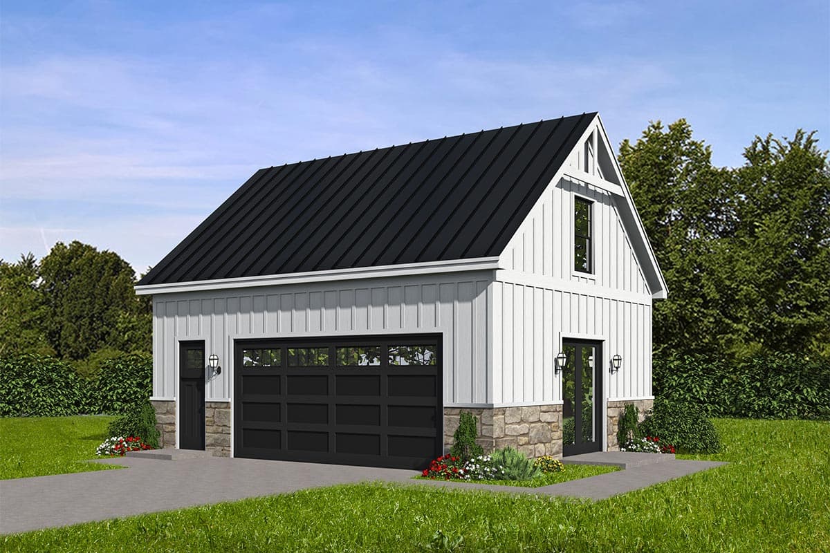 House plan exterior. Two-story Modern Farmhouse style with a gabled roof, board-and-batten siding, and a garage door with windows.