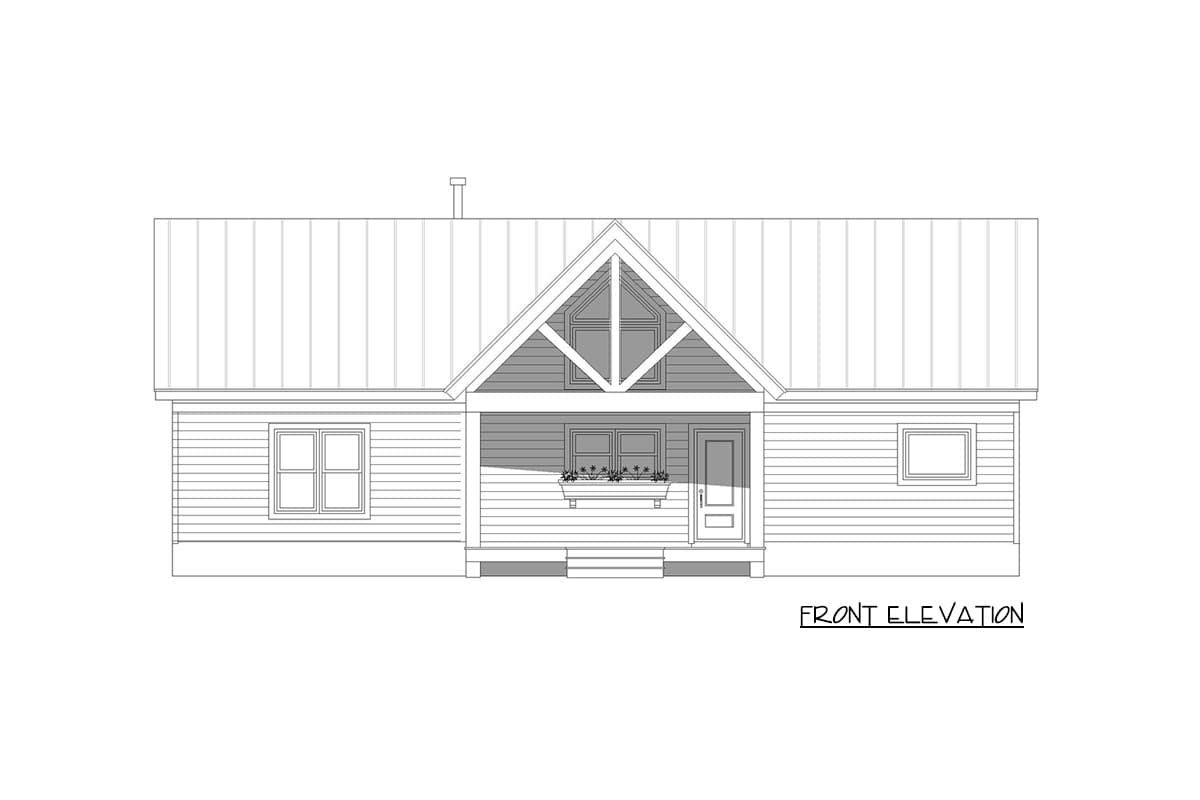 Front elevation drawing of a house with a gabled roof, shed dormer, and covered porch with a flower box.