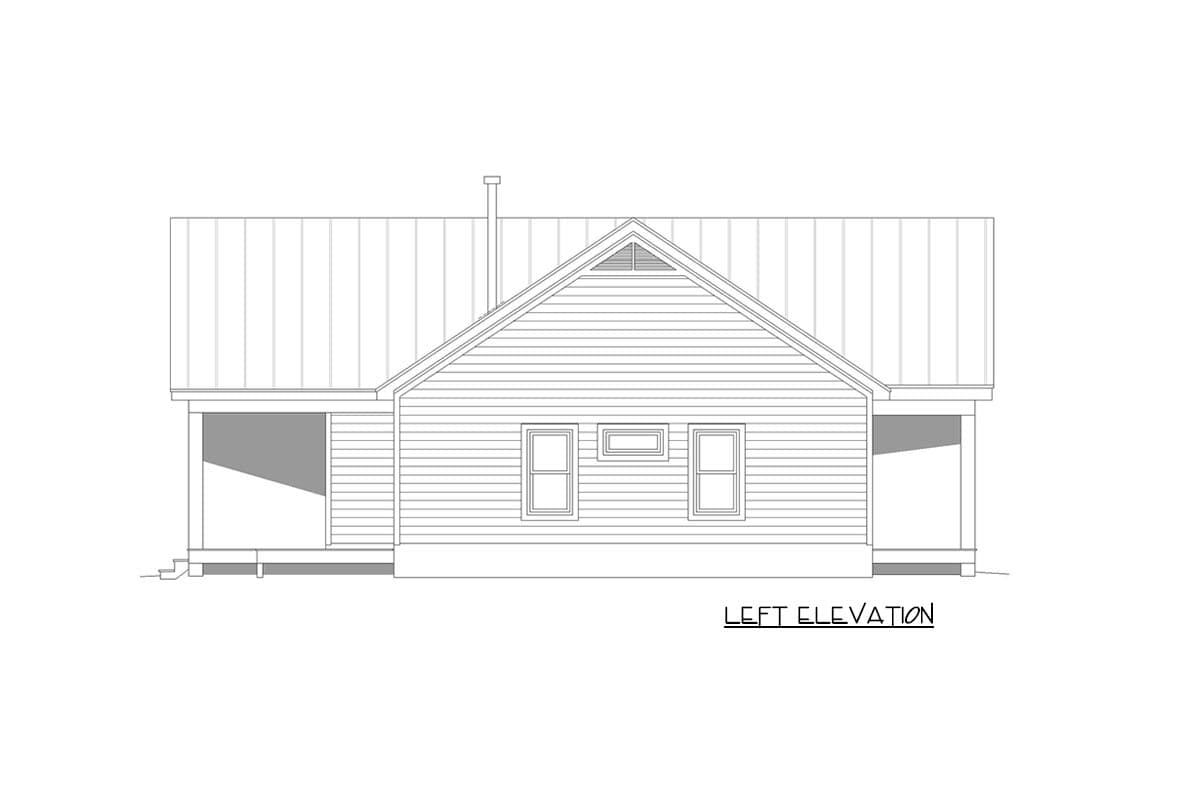 Left elevation drawing of a house plan with a gabled roof, porch, and three windows.