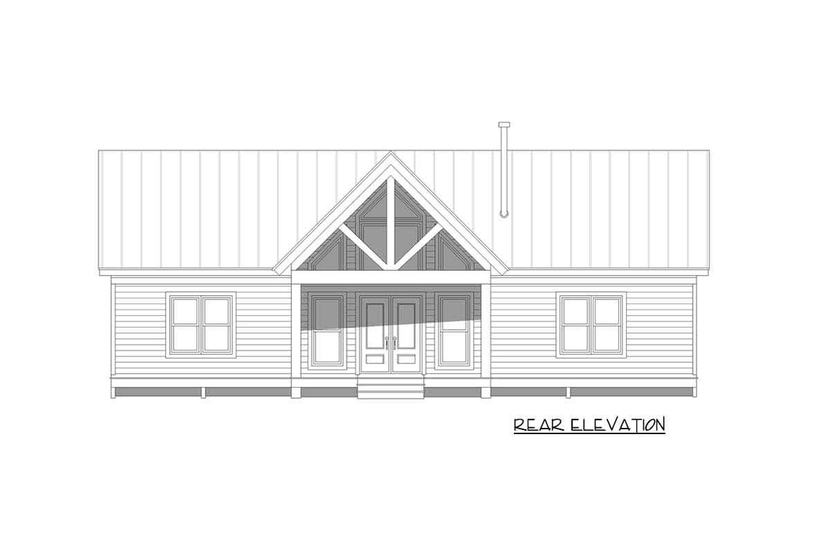 Rear elevation drawing of a one-story house with a gabled entrance, double doors, and metal roof.