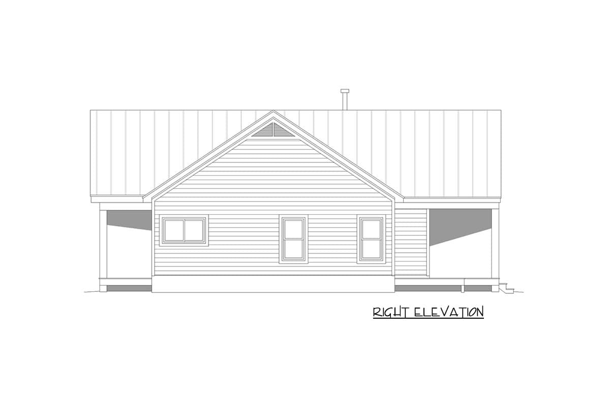 Right elevation house plan drawing showing a gabled roof, three windows, and covered porches on either side.