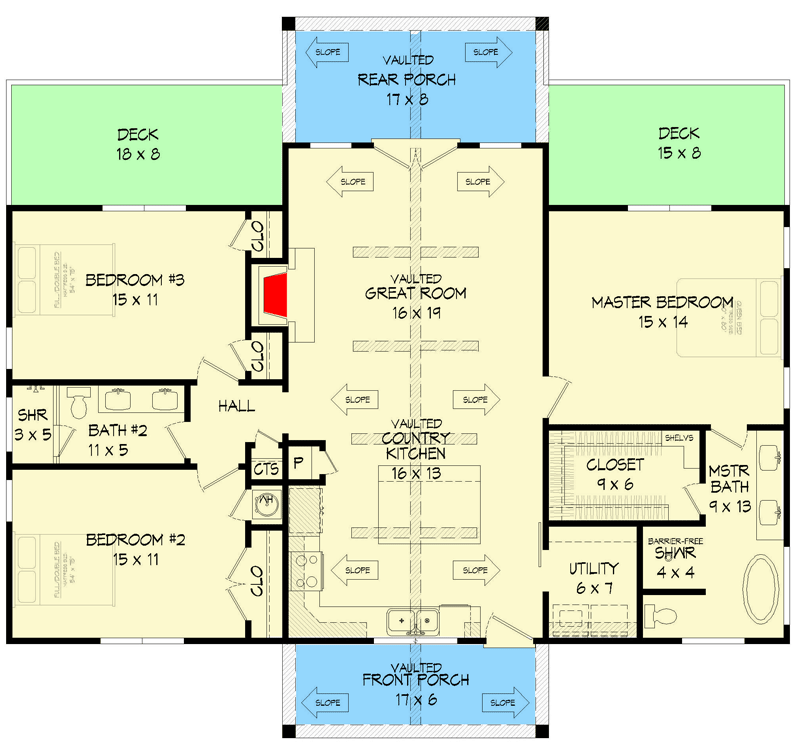 Plan 68877VR: 3-Bed 1-story Ranch Home Plan with Vaulted Interior - Floor Plan - Main Level - Country, Ranch