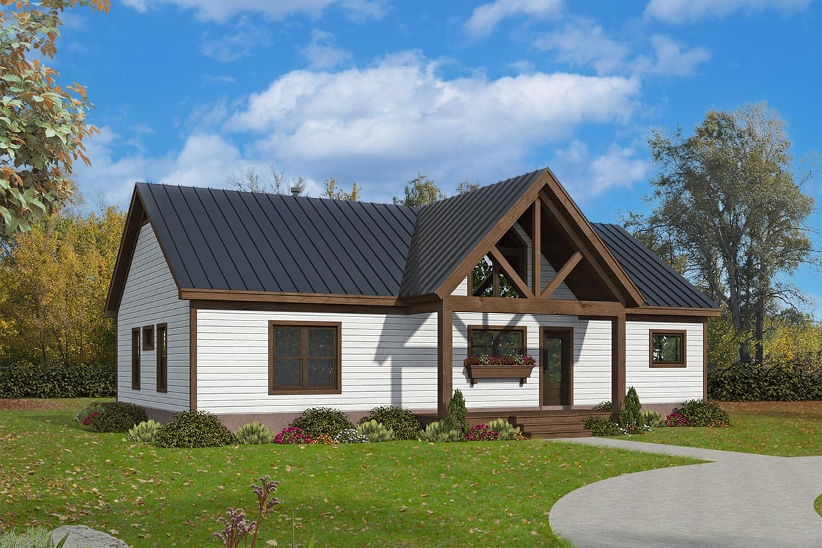 House plan exterior. One-story Craftsman home with a prominent gable, exposed timber framing, and a covered porch. Features a dark metal roof.