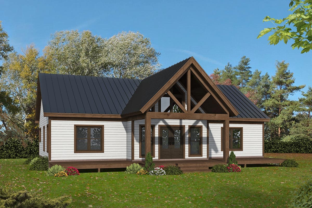 Modern Farmhouse house plan exterior, one story, white siding, dark metal roof, covered porch with exposed beams.