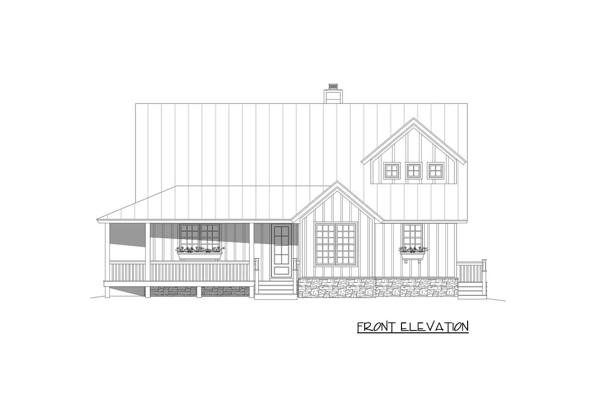 Front elevation drawing of a two-story house plan featuring a covered porch, gabled dormers, and stone foundation.