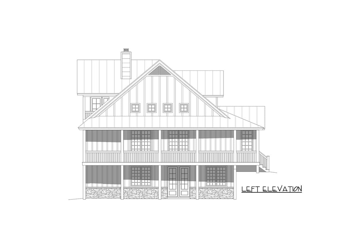 Left elevation drawing of a two-story house plan with gables, covered porches, and stone foundation.