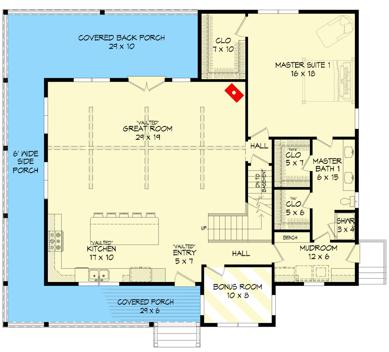 Plan 68878VR: Back Woods House Plan with Wraparound Porch and a Drive-Under Garage - Floor Plan - Main Level - Country, Craftsman, Mountain, Rustic