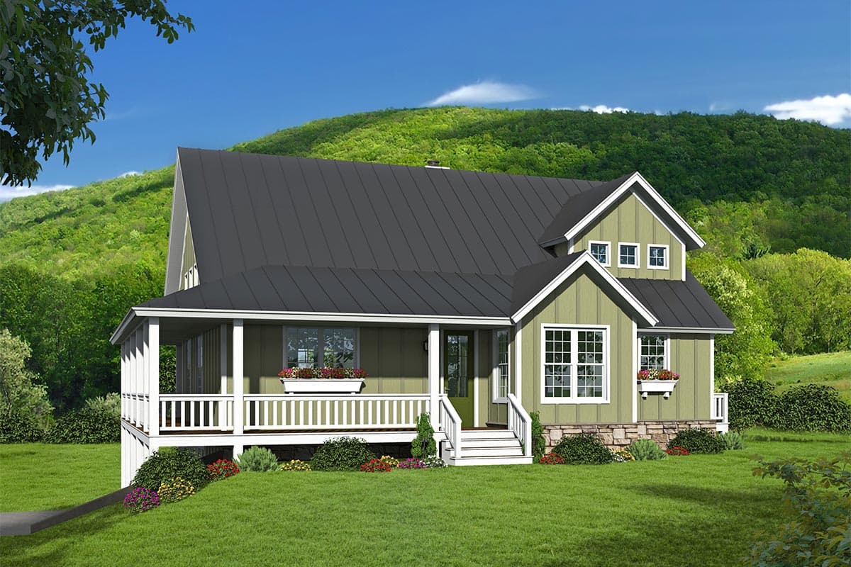 House plan exterior with Craftsman style, one story, wraparound porch, gables, and a metal roof.