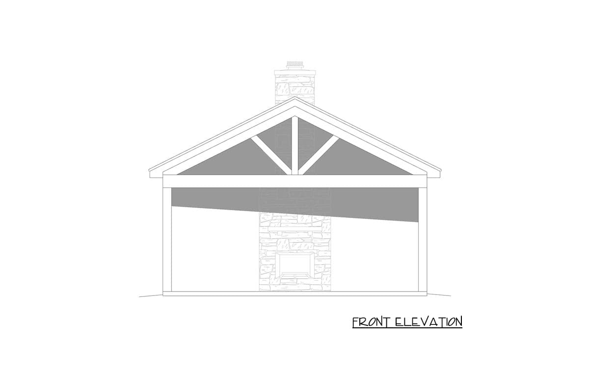 Front elevation drawing of a house plan featuring a gable roof, exposed trusses, and a stone chimney with a fireplace opening.