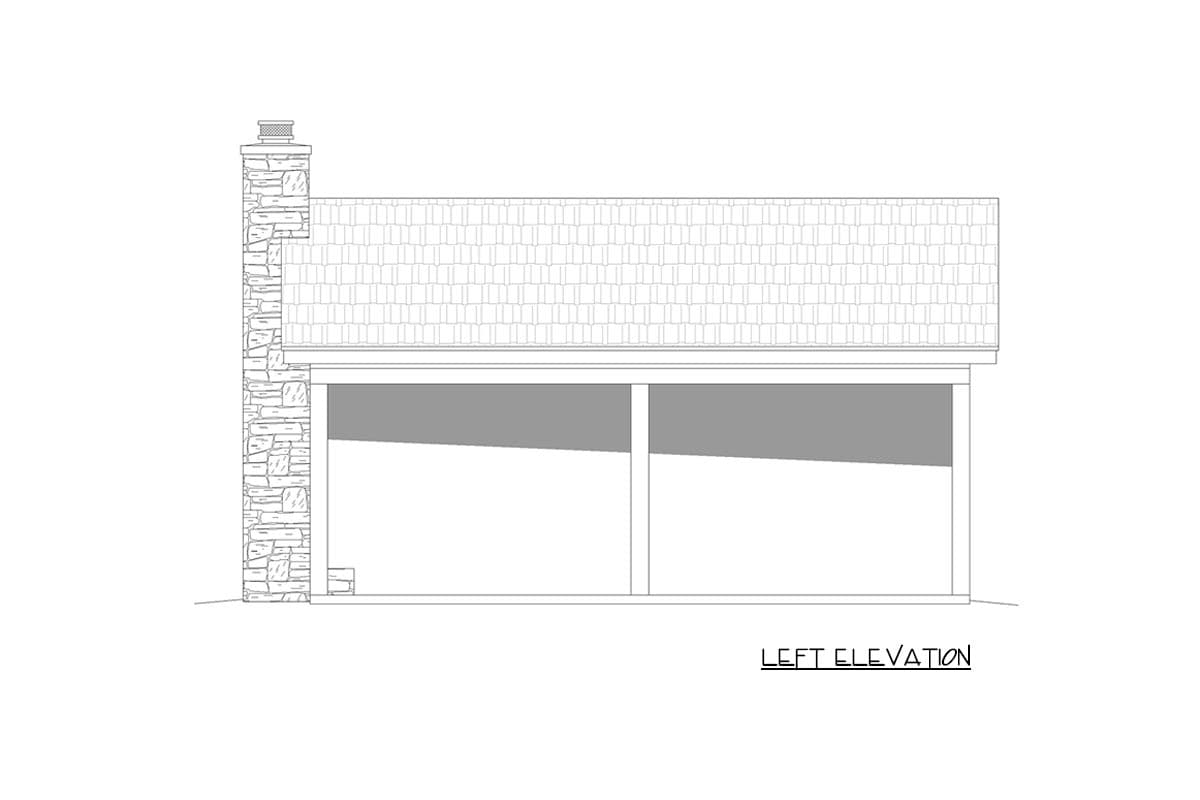 House plan left elevation showing a stone chimney, shingled roof, and covered porch with two columns.