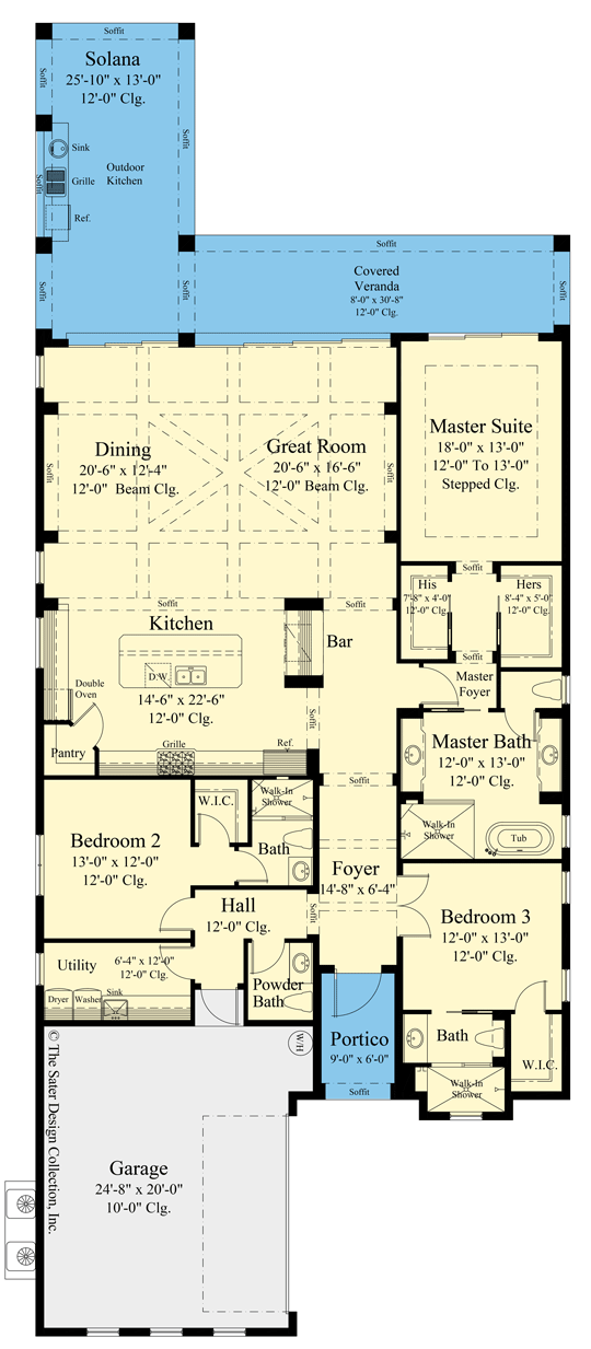 Plan 340002STR: Transitional Mediterranean Home Plan for Indoor Outdoor Living  - Floor Plan - Main Level - European, Florida-Style, Mediterranean, Ranch, Transitional