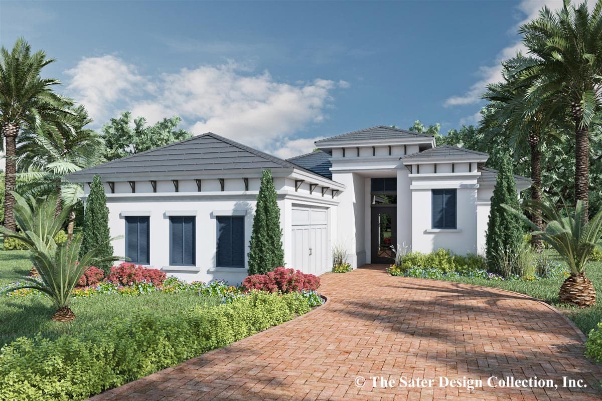 House plan exterior. One-story, stucco facade with dark shutters. Features include a front-entry garage, hipped roof, and decorative corbels.