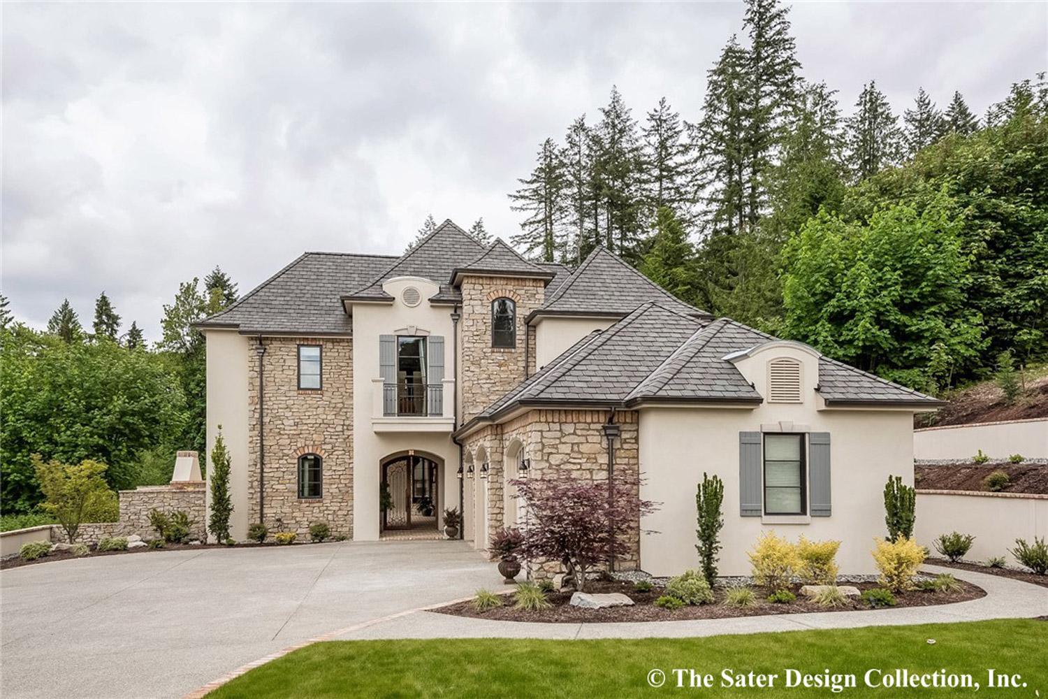 House plan exterior with stone accents, arched entry, and multiple rooflines. Two-story design with balcony and attached garage.