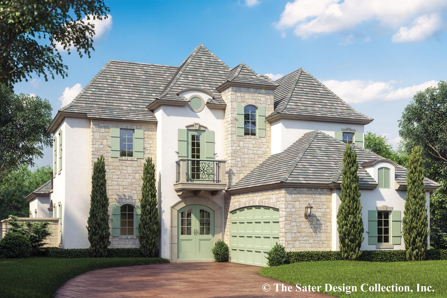 House plan exterior: Two-story French Country style with stone accents, multiple gables, dormers, a second-story balcony, and a detached garage.