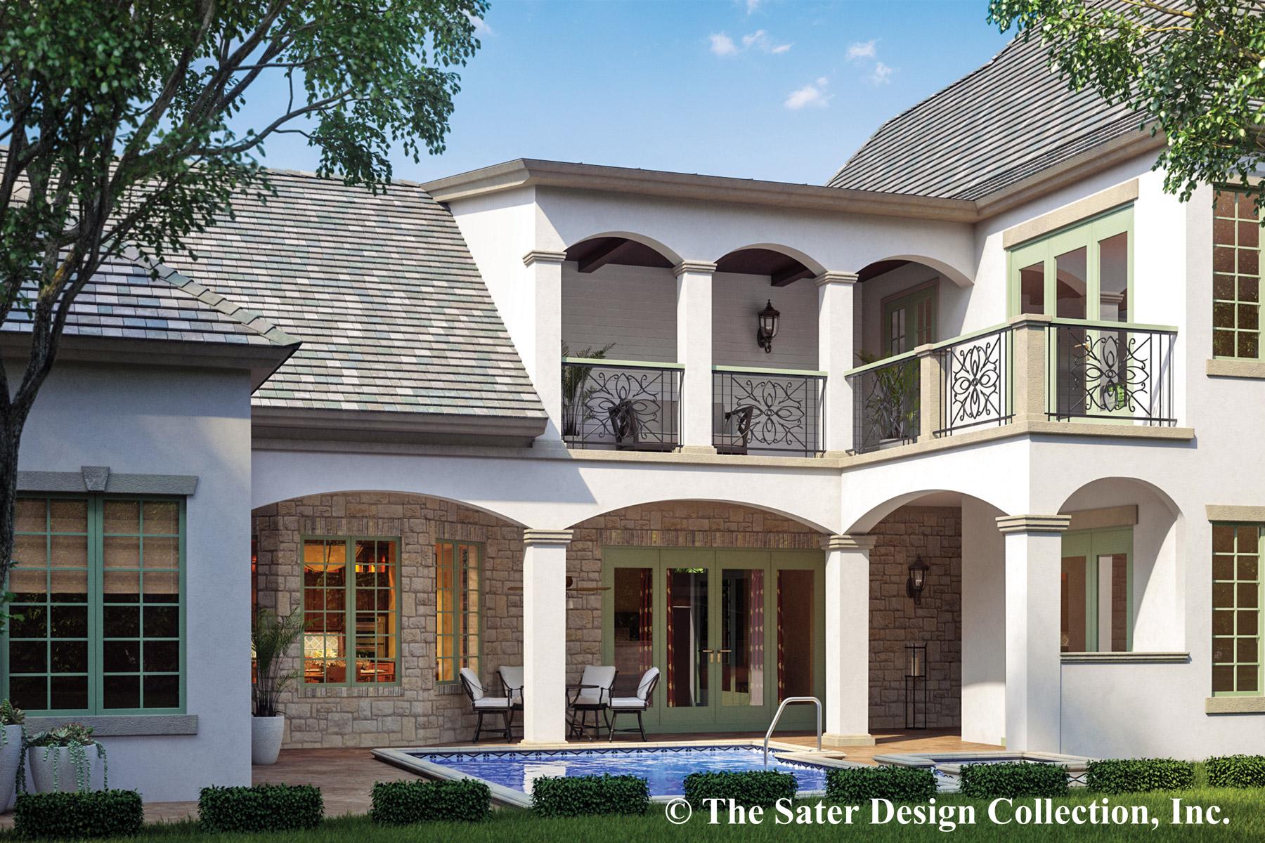 House plan exterior with arches, balconies, tiled roof, and stone accents surrounding a pool.