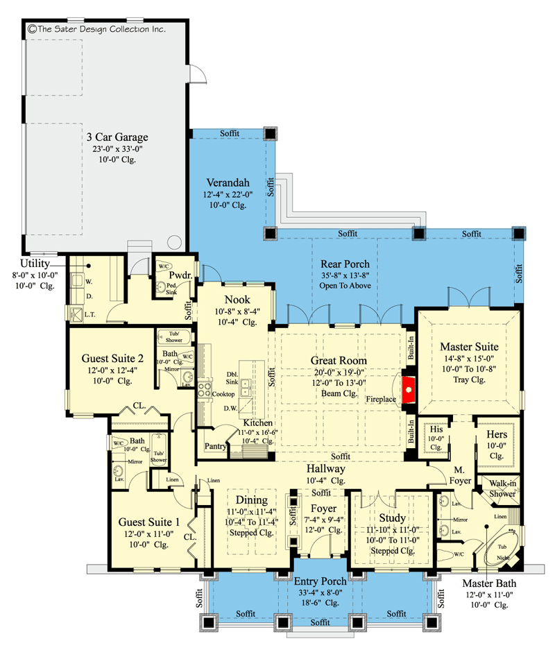 Plan 340004STR: Downsized Craftsman House Plan with 8'-deep Front Porch - 2476 Sq Ft - Floor Plan - Main Level - Craftsman, Florida-Style, Southern, Southern Traditional