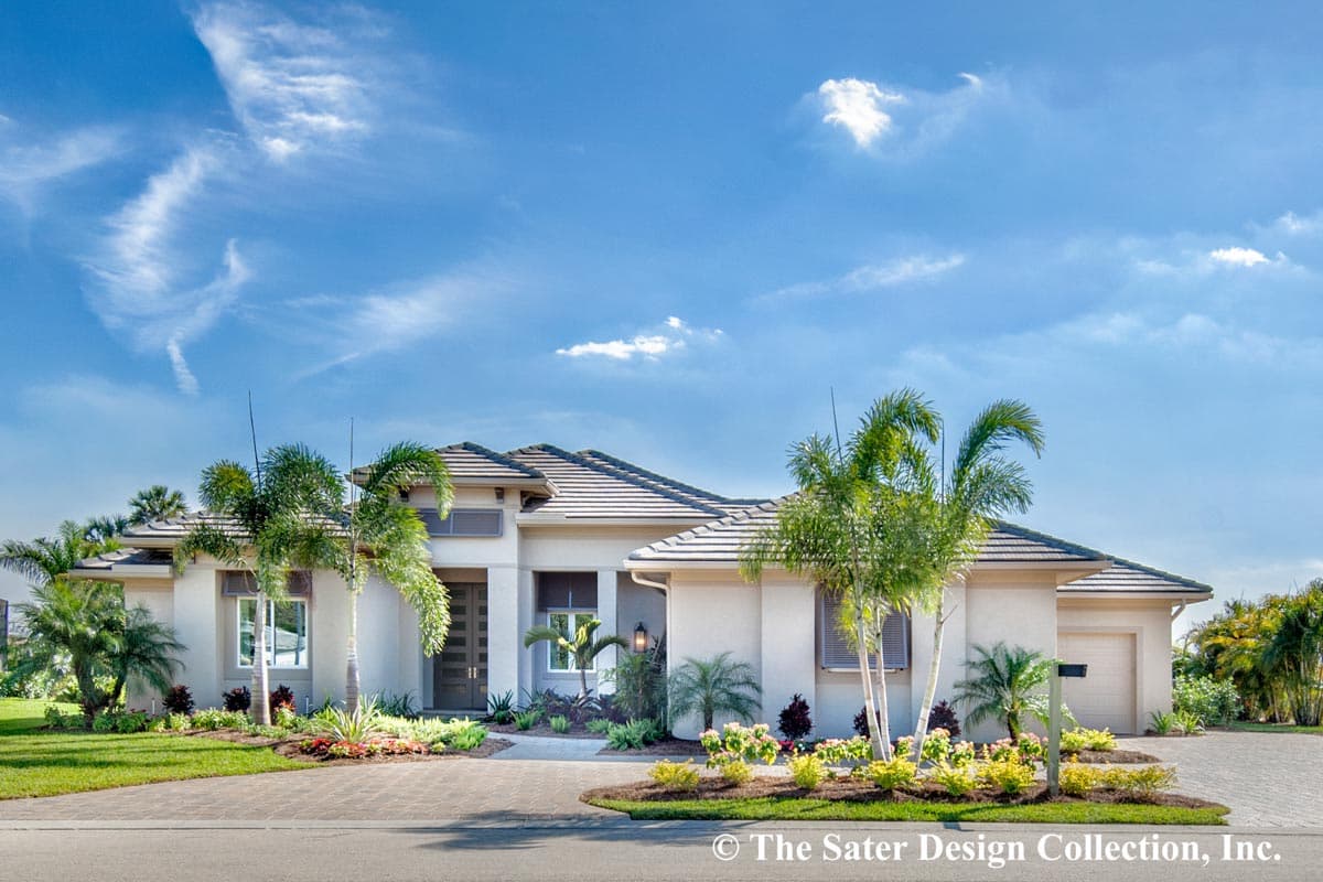 House plan exterior: single-story residence with tile roof, stucco walls, covered entry, and side-facing garage.