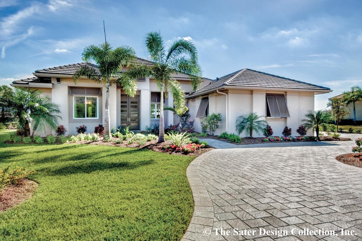 House plan exterior: Single-story modern home with tiled roof, entry porch, large windows, and stucco finish.