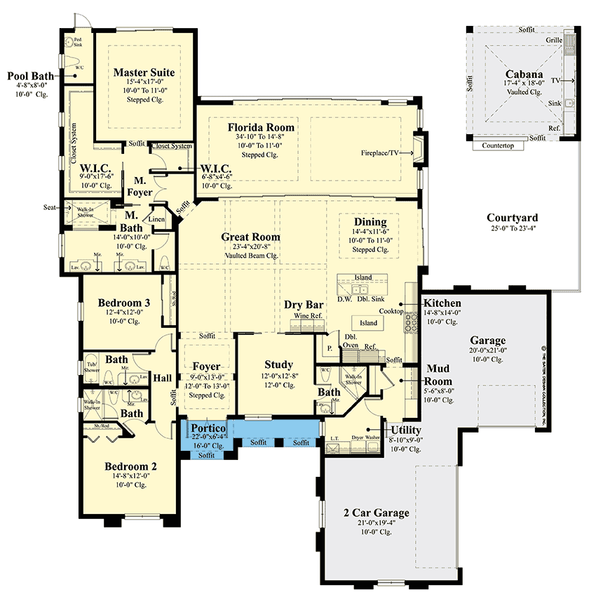 Plan 340006STR: Coastal Contemporary Home Plan with Cabana and Florida Room - Floor Plan - Main Level - Coastal, Coastal Contemporary, Contemporary, European, Florida-Style, Mediterranean, Transitional