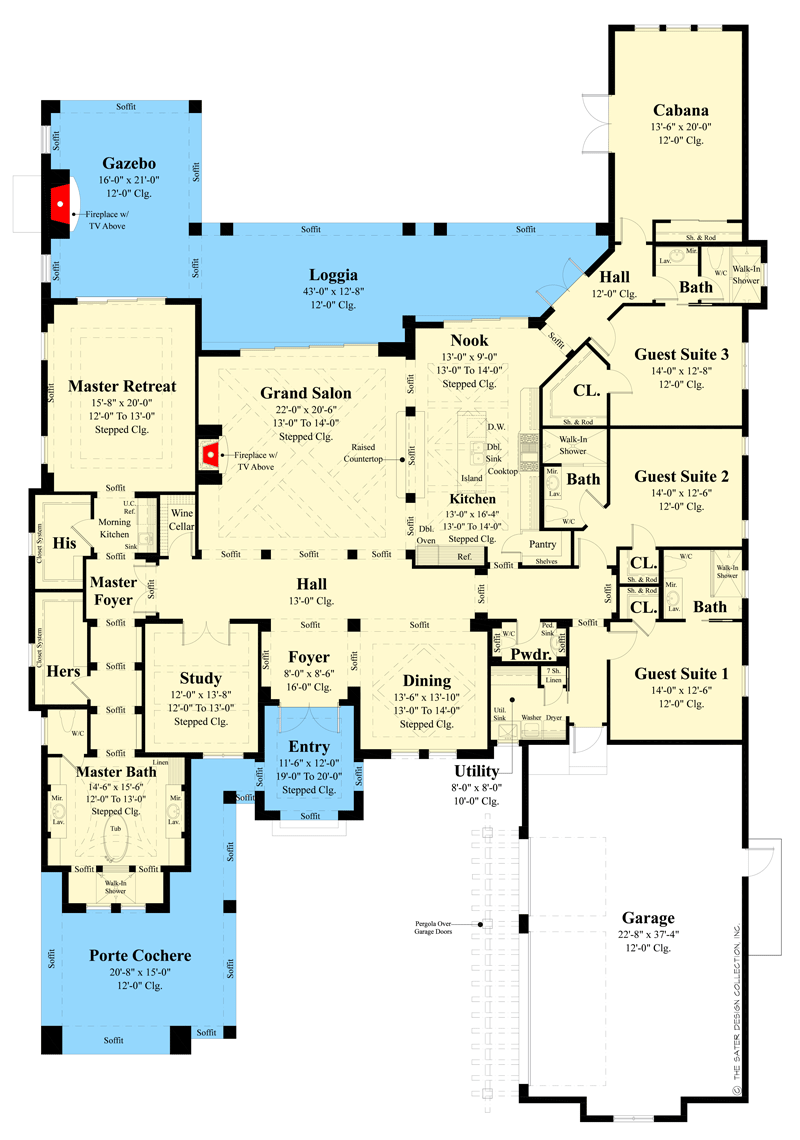 Plan 340008STR: Transitional Coastal House Plan Ideal for Rear View Lots - Floor Plan - Main Level - Coastal, Coastal Contemporary, European, Florida-Style, Mediterranean, Transitional