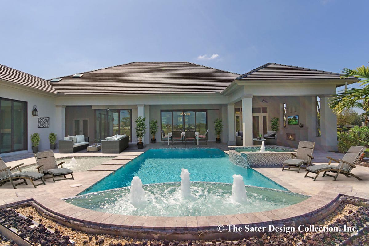 House plan exterior with a single-story modern design, U-shaped footprint, tiled roof, and covered patios with outdoor fireplace.