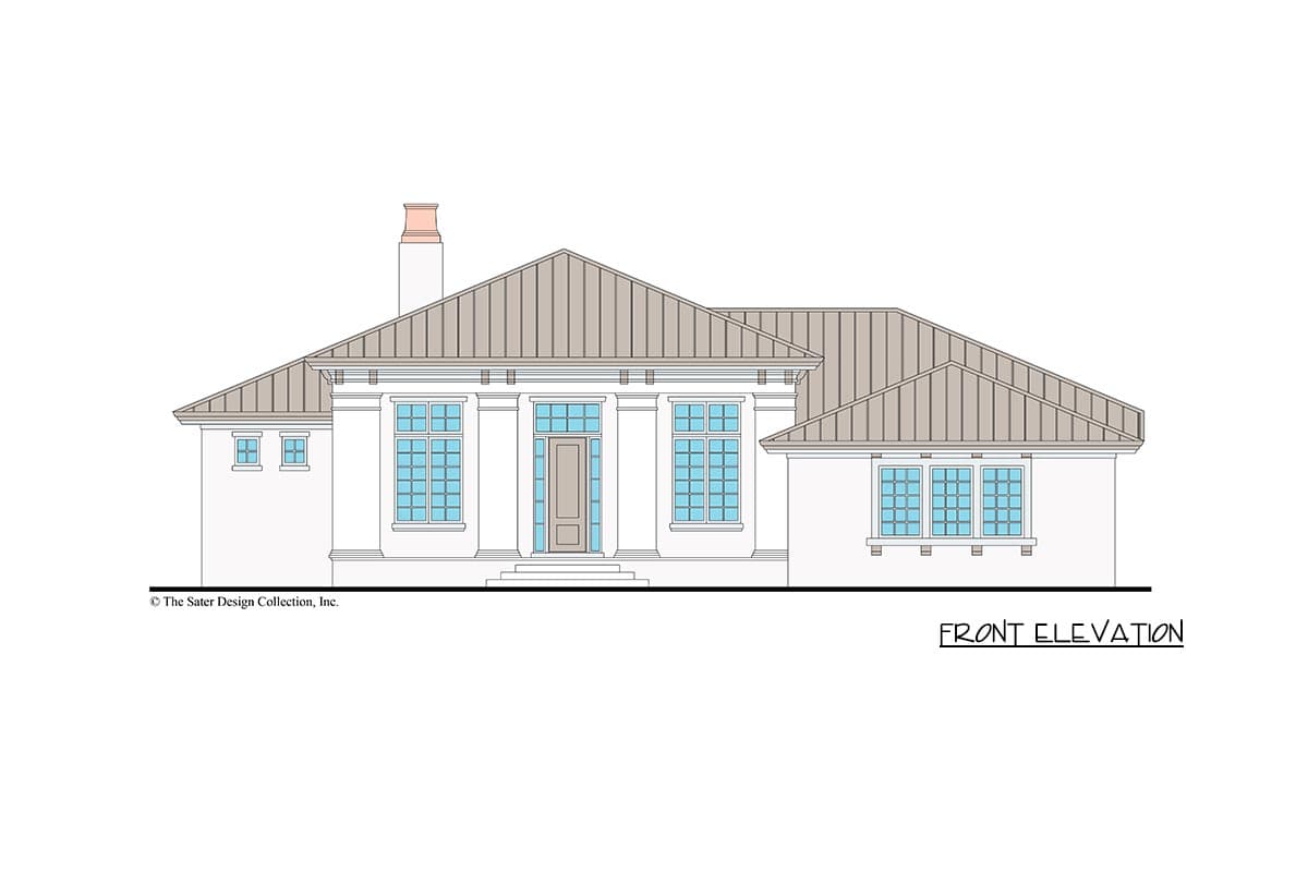 Front elevation house plan with a pitched roof, central entrance, multiple grid windows, and a chimney.