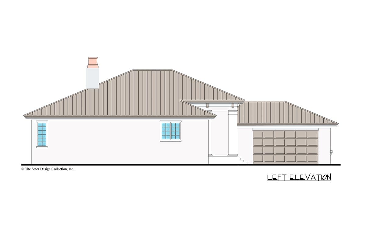 Left elevation house plan showing one story, metal roof, chimney, garage, and covered entry with columns.