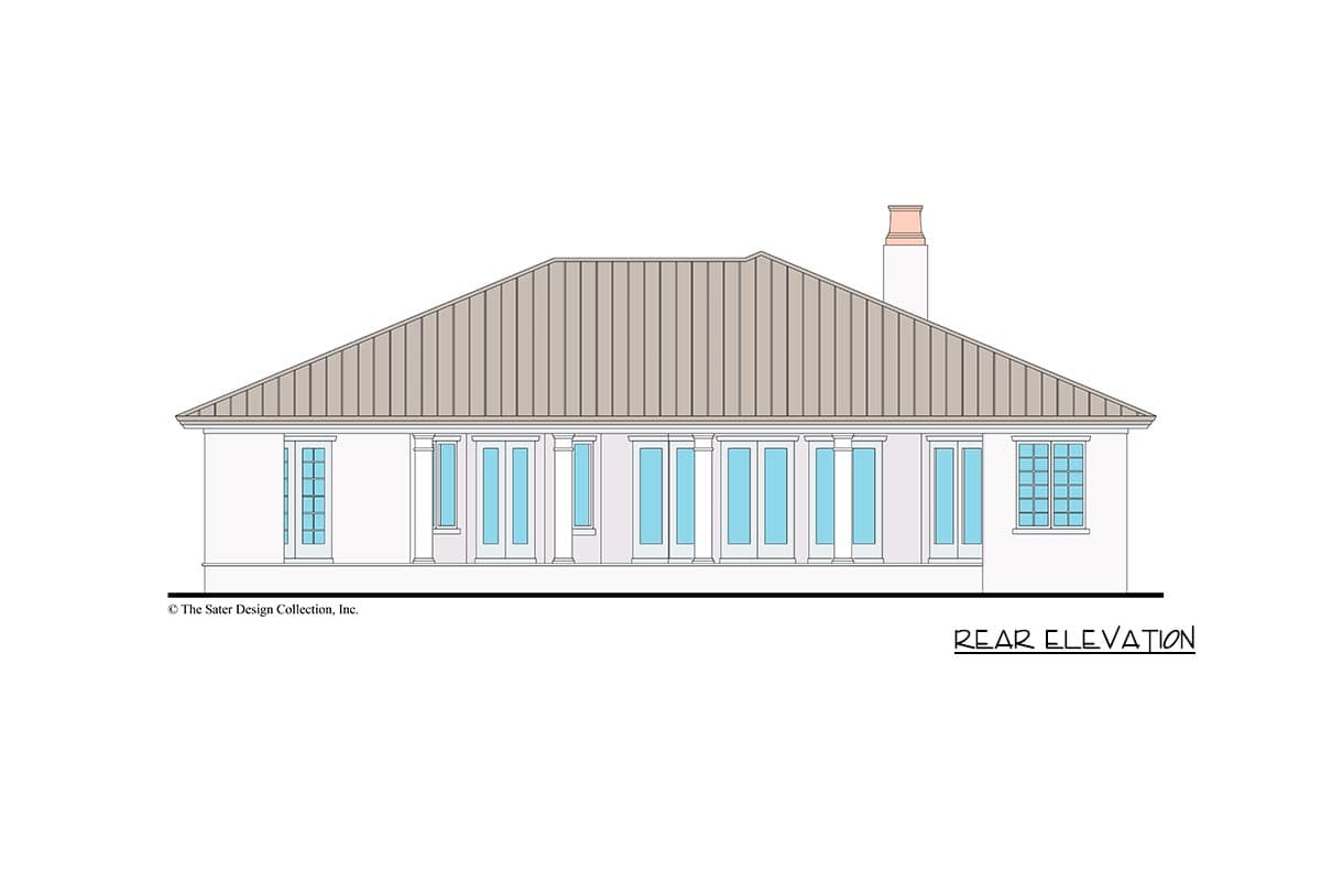 Rear elevation house plan: one-story, metal hip roof, multiple French doors, and a grid-paned window.