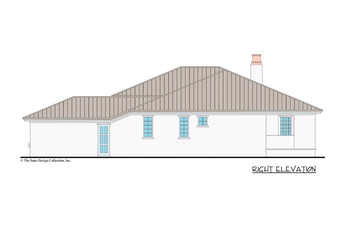 House plan right elevation showing a single-story home with a standing seam roof and multiple windows.