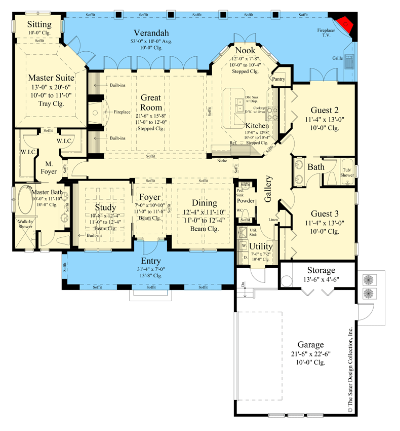 Plan 340009STR: 3-Bed Modern Home Plan with Large Veranda - Floor Plan - Main Level - Contemporary, Florida-Style, Southern, Transitional