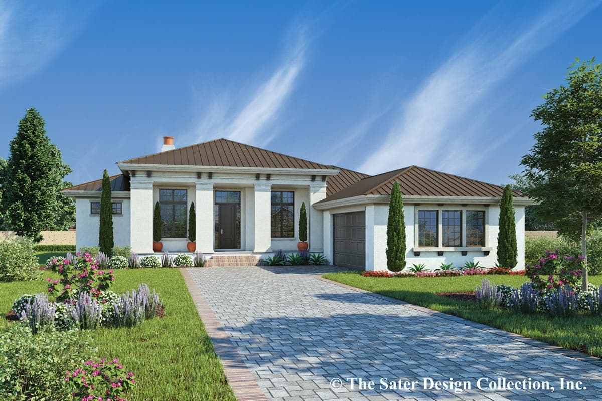 House plan exterior. One-story home with a hip roof, prominent columns at the entry, and an attached garage. Paver driveway.
