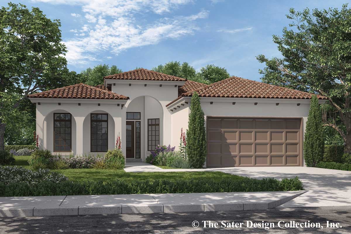 House plan exterior. One-story Mediterranean style with barrel tile roof. Features include arched windows, garage, and front entryway.
