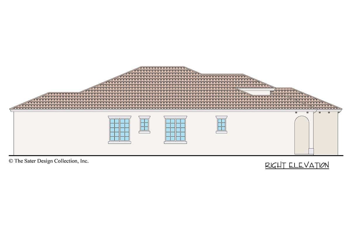 Right elevation house plan drawing showing a tiled roof, stucco walls, multiple windows, and an arched entryway.