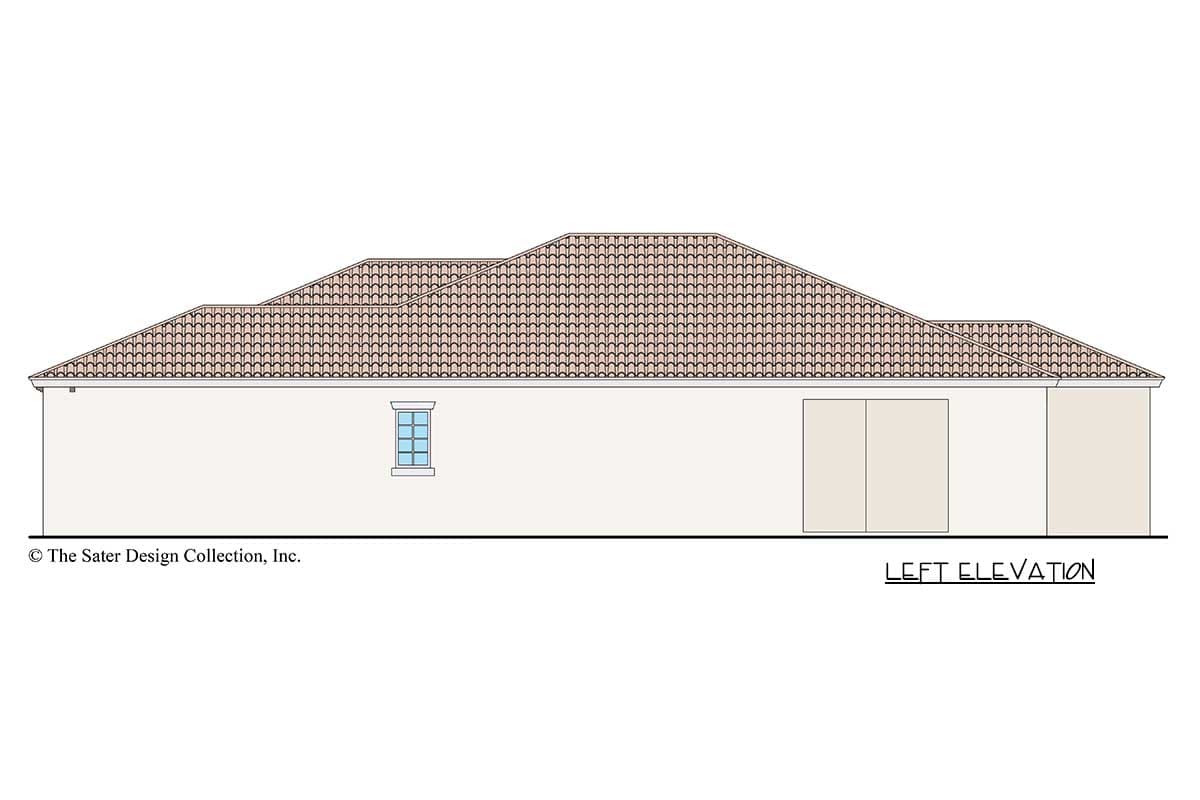 Left elevation drawing of a single-story house plan with a tiled hip roof, one window, and two garage doors.