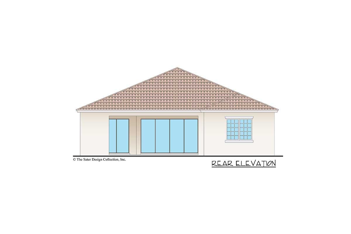 Rear elevation of a single-story house plan featuring a tiled hip roof, large sliding glass doors, and a grid-windowed room.