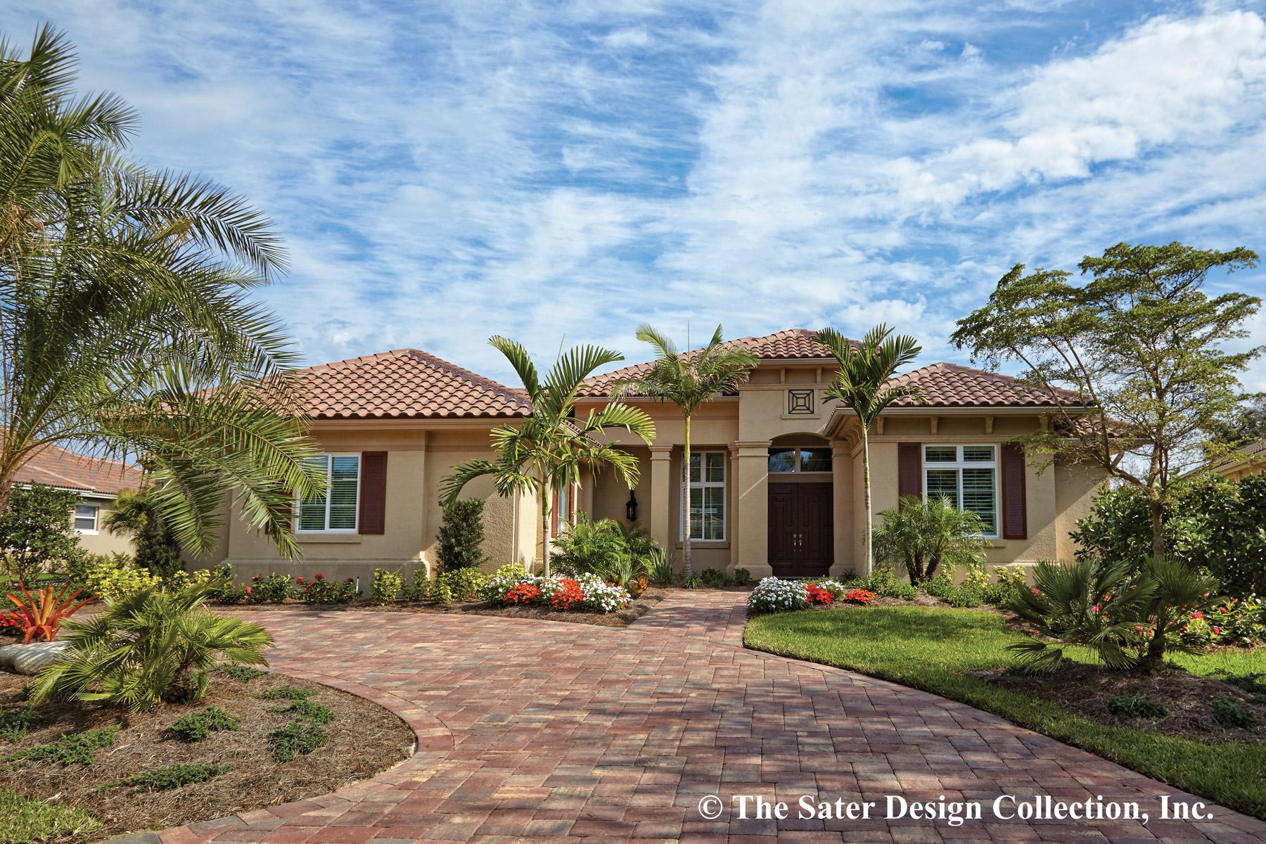 House plan exterior featuring a one-story, Mediterranean style home with a tile roof, columns at the entry, and a brick paver driveway.