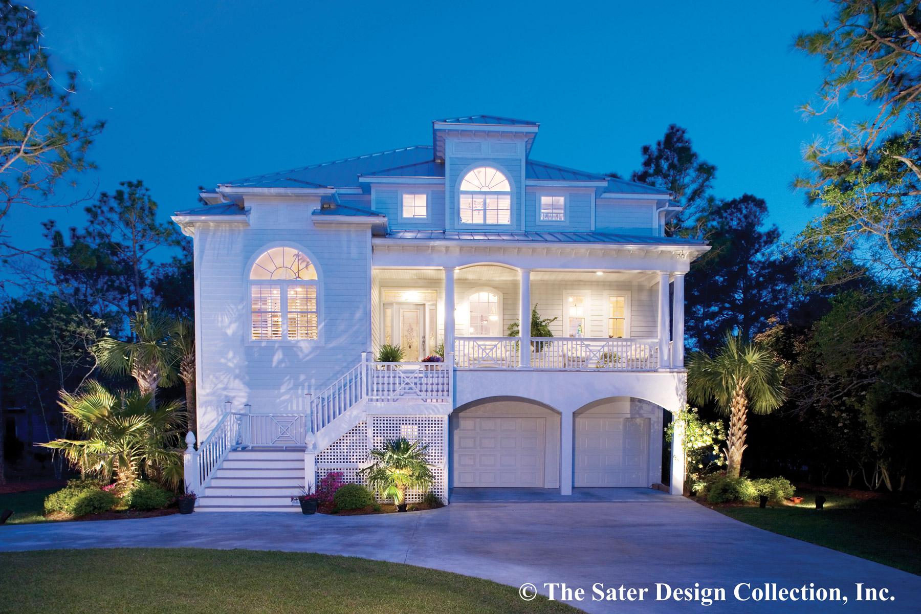 House plan exterior view of a two-story coastal style home with a porch, dormers, and an arched entryway over a garage.