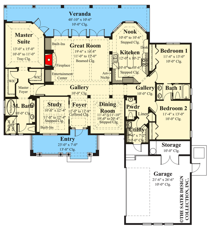 Plan 340017STR: One-level Tuscan Home Plan with Split-bed Layout - Floor Plan - Main Level - European, Florida-Style, Mediterranean, Tuscan